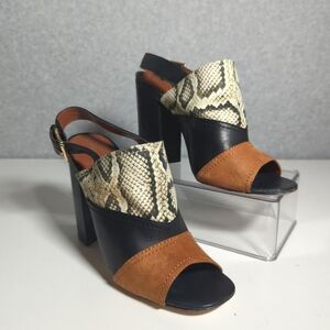 Cole Haan Roccia Snake Suede Black Tabby Peep Toe Slingback Sandal 9B Block Heel